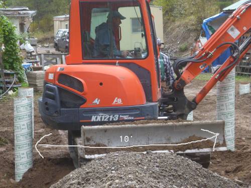 Mini excavator - it's 10' between the sonotubes