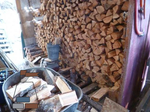 Full woodshed and wheelbarrow