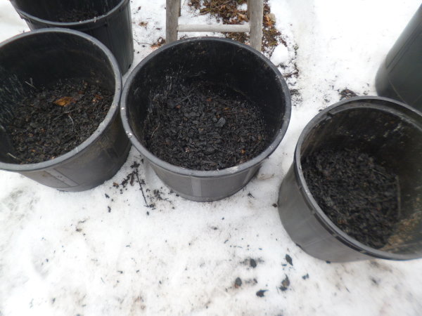 Pots filled one third with wood chips and charcoal